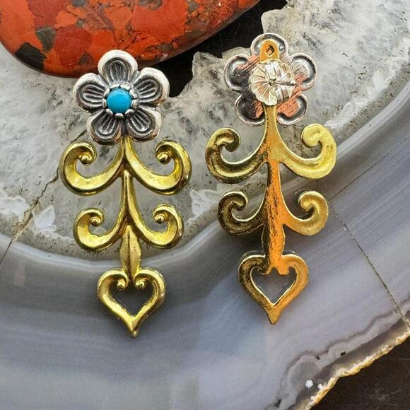 Carolyn Pollack Sterling & Brass w/Turquoise Floral Post Earrings For Women - Picture 7 of 10